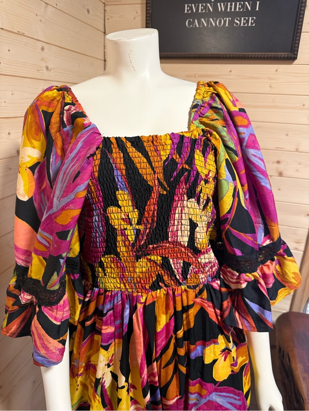 Smocked Puff Sleeve Floral Midi Dress in Multicolor
